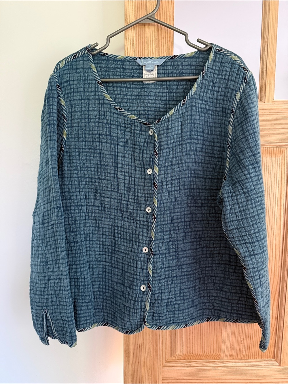 April Cornell Teal Blue Textured 100% Cotton Button-Down Jacket